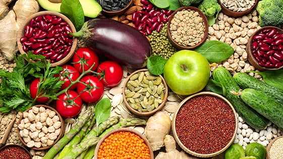 Beans, fruit, lentils, nuts, seeds and vegetables