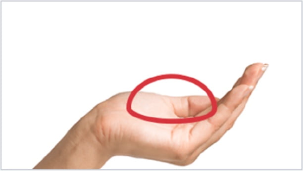 Cupped hand facing up. Half circle drawn over cupped portion of hand.