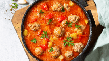 Meatballs and stew in a cooked dish. Meatballs and stew in a cooked dish.